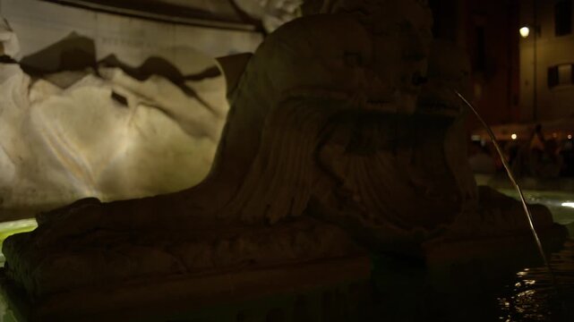 Dark Night Detail of Pantheon Fountain Sculpture and Water Feature in Rome Italy Shot with Cinema Camera