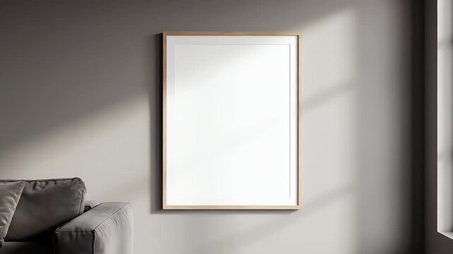 Blank white picture frame on gray wall with sofa and window.