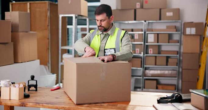 Warehouse, package and man with box cutter for logistics, product inspection and cargo distribution. Order delivery, export process and employee open parcel for check, supply chain or quality control