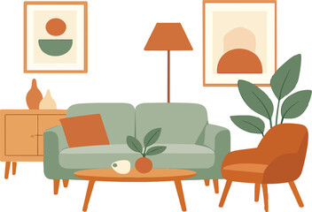 Fototapeta premium Modern Living Room Interior Design, Boho Style Sofa, Armchair, Coffee Table, Art