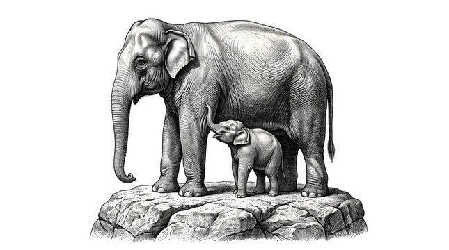 Elephant Mother and Calf on Rock Engraving