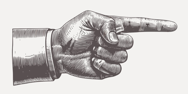 Pointing hand illustration in vintage etching style on a neutral background