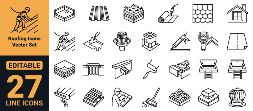 Roofing Icons Vector Set &ndash; Flat Roof, Metal Roof, Green Roof, TPO Membrane, Leak Detection, Roof Safety, Inspection and Maintenance Line Icons