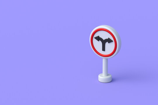 Road sign with arrows pointing left and right on violet background. Copy space. 3d render