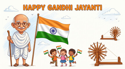 Fototapeta premium Cute Mahatma Gandhi Cartoon with Indian Flag Charkha and Children for Gandhi Jayanti Greeting Banner Design