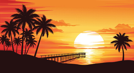 Tropical Beach Sunset Landscape Vector Illustration Design Featuring Silhouettes of Palm Trees and a Wooden Pier Overlooking the Golden Sea © Purnomo Semlirick