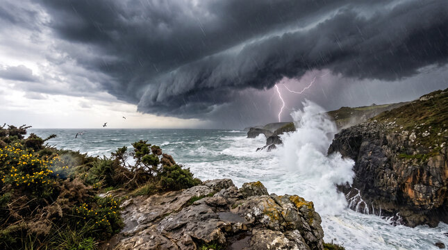 Galerna entrando por la costa con nubes amenazantes, olas gigantes y rayos, capturada desde un espectacular &aacute;ngulo contrapicado con un realismo cinematogr&aacute;fico impresionante.