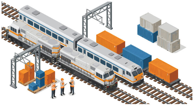Freight Railway Logistics Isometric Vector Illustration Design Featuring Industrial Trains and Cargo Shipping Containers for Supply Chain Management
