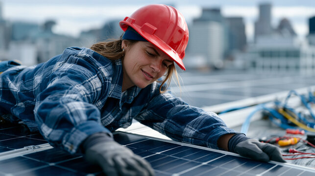 Technician adjusts a next-generation bifacial solar panel array on a research facility rooftop at midday, calibration tools laid on a safety mat beside her, efficiency measurement equipment hardwire