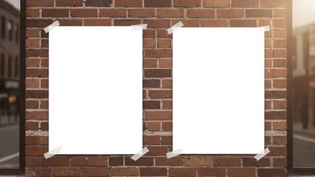 Blank white posters on brick wall.