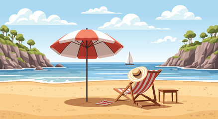 Tropical beach vacation vector illustration featuring a relaxing deck chair and umbrella design for summer travel and leisure holiday themes © Purnomo Semlirick