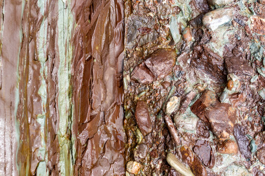 Quebec, Canada, 21 June 2026 : Close-up view of geological rock layers and conglomerate formation