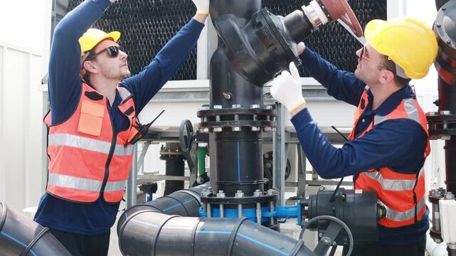 Team male technicians working HVAC water cooling systems inspects water pipe connections cooling tower circulation (Evap) systems efficient technology checks leaks combination wrench tighten nuts.
