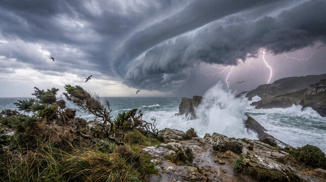 Galerna entrando por la costa con nubes amenazantes, olas gigantes y rayos, capturada desde un espectacular &aacute;ngulo contrapicado con un realismo cinematogr&aacute;fico impresionante.