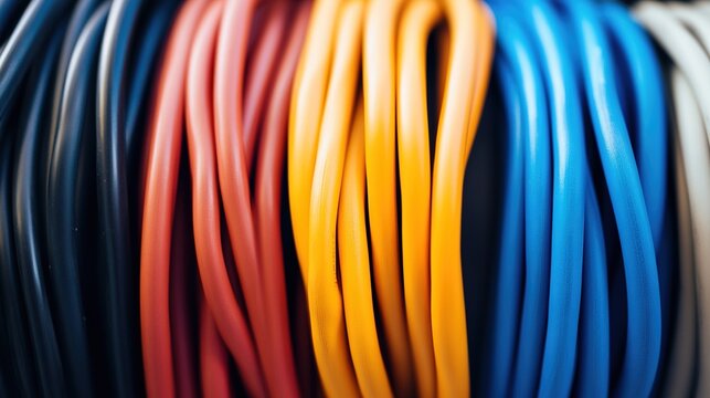 conductors. Colorful electrical cables arranged in parallel lines within a cable tray. product launch decks, UI/UX mockups, designed for data visualization dashboards and holographic UIs.