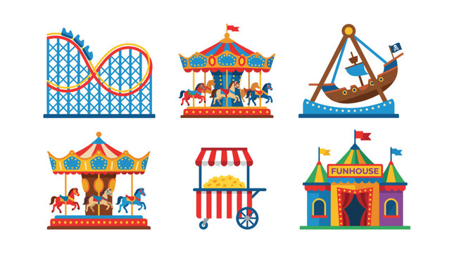 A vibrant and colorful collection of classic amusement park attractions, including roller coasters, carousels, and a funhouse, capturing the joy of childhood adventures.