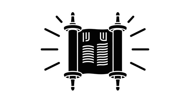 Black and white vector icon of an open Torah scroll with radiating light.