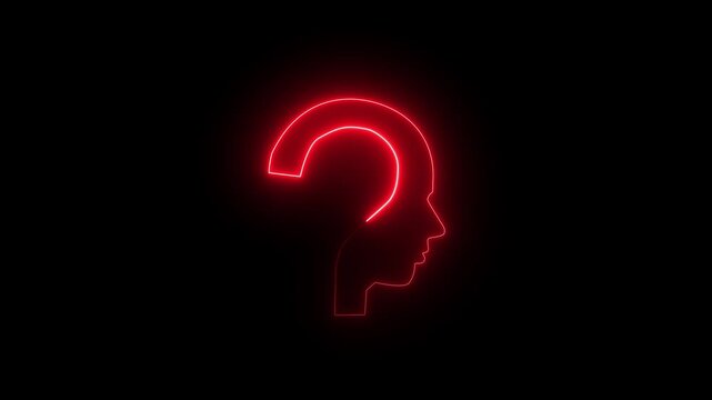 Glowing neon line Human head with question mark icon on black background. Neon glowing question mark with man head icon.4k video