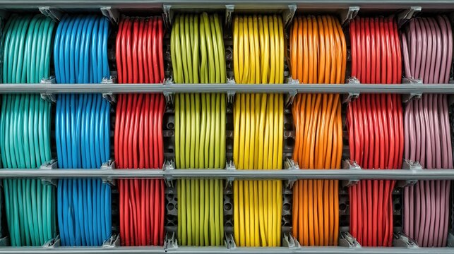 conductors. Colorful electrical cables arranged in parallel lines within a cable tray. product launch decks, UI/UX mockups, designed for data visualization dashboards and holographic UIs.