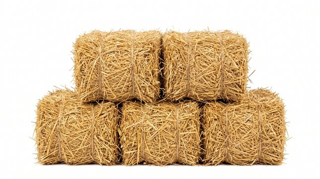 Stack of rectangular golden straw hay bales isolated on white