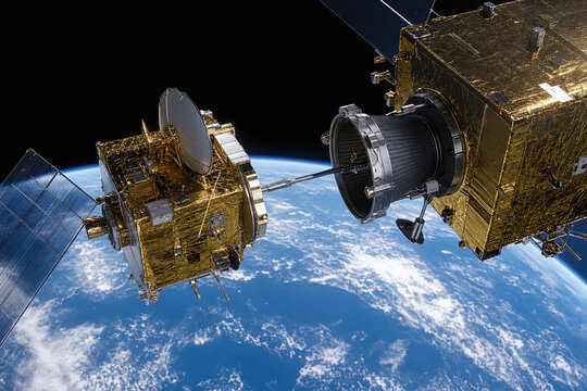 Satellite servicing rendezvous above Earth in orbit