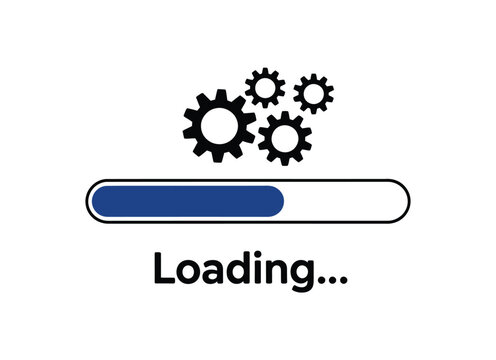 Loading progress bar with mechanical gears vector illustration, software installation process, system update status indicator, processing workflow and technology interface elements, modern UI design