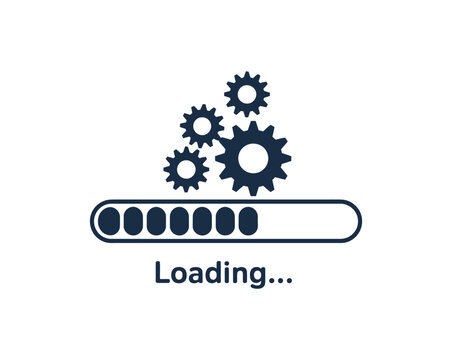 Loading progress bar with mechanical gears vector illustration, software installation process, system update status indicator, processing workflow and technology interface elements, modern UI design
