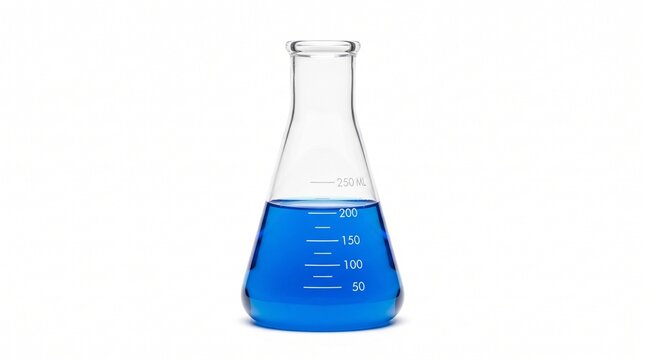Glass erlenmeyer flask filled with blue liquid on white background