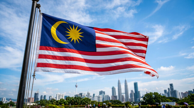 Malaysia Flag Waving Against City Skyline and Blue Sky