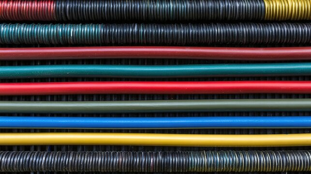 conductors. Colorful electrical cables arranged in parallel lines within a cable tray. product launch decks, UI/UX mockups, designed for data visualization dashboards and holographic UIs.