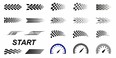Obraz premium Checkered Flags And Speedometer Icons On White Background