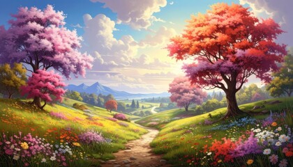 Obraz premium Enchanting Spring Landscape with Blooming Trees and Vibrant Wildflowers.