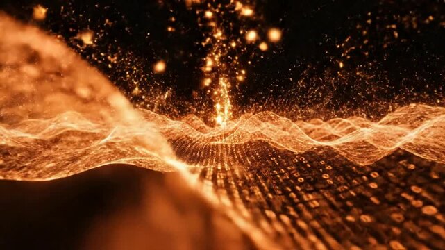 Pulsing Golden Binary Code Wave | Abstract Digital Data Stream in Dark Cyberspace