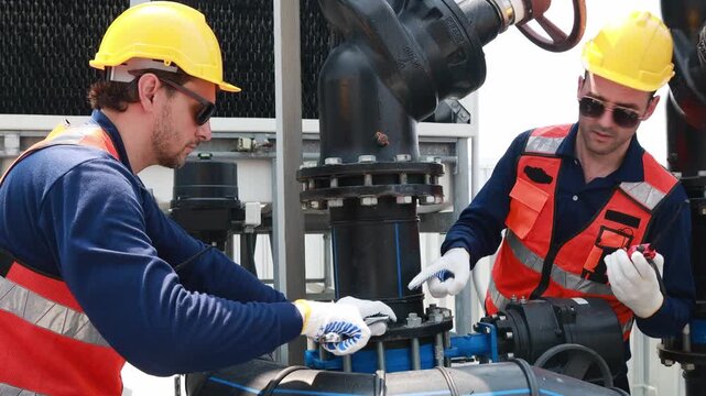 Team male technicians working HVAC water cooling systems inspects water pipe connections cooling tower circulation (Evap) systems efficient technology checks leaks combination wrench tighten nuts.
