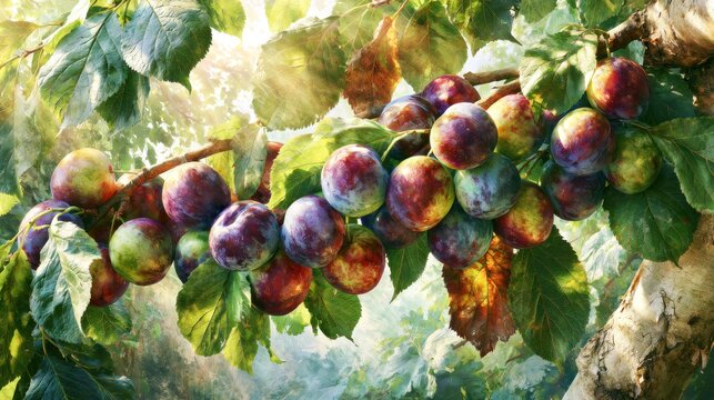 Cluster of ripe plums on leafy orchard tree branch