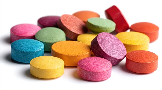 prescription. A vibrant collection of colorful pills arranged in an artistic and visually striking manner. STEM education sheets, lab safety posters, designed for biotech research communications.