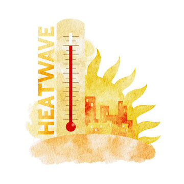 Watercolor concept illustration with thermometer with a high reading, blazing sun, and a cityscape under a heatwave.