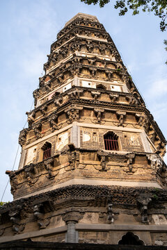 Yunyan Pagoda brick tower at Tiger Hill, Suzhou, China, under spring blue sky