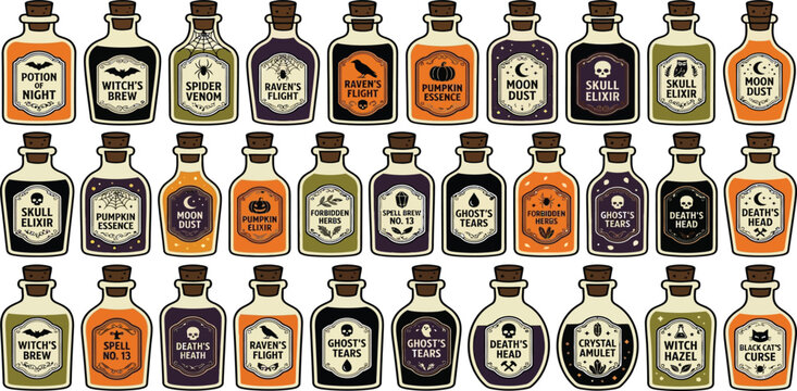 Collection of vintage halloween potion bottles with spooky labels halloween witchcraft mystical collection graphics illustration container seasonal celebration mysterious
