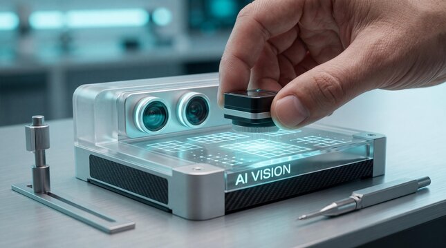 Hand placing component on futuristic ai vision device with dual lenses and glowing grid interface on table with small component onto artificial intelligence machine learning manipulation
