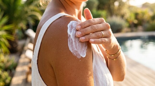 Close up of woman applying white sunscreen lotion on her shoulder for uv protection by the swimming pool