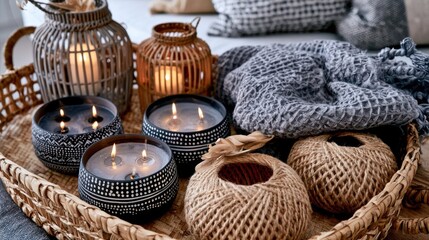 Obraz premium Cozy home decor tray with candles and wicker lanterns.