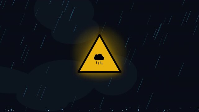 Motion of Warning Sign in Heavy Rain with Lightning Storm for Safety Alert Video.