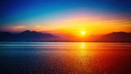 Naklejka premium Vivid Sunset Over Calm Waters Reflecting the Skys Colors.