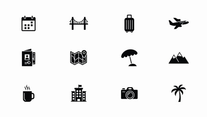 Minimalist travel and adventure icon bundle with black white icons representing travel essentials vacation themes all arranged neatly grid versatile design use © Tuli