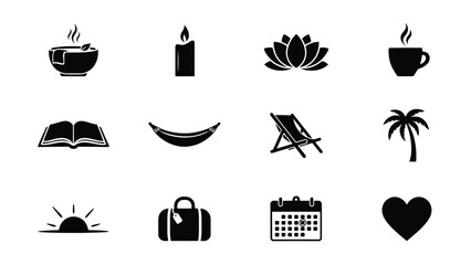 Minimalist black icons set featuring relaxation travel love with modern flat design style neutral white background emphasis each representing distinct theme such relaxation © Tuli