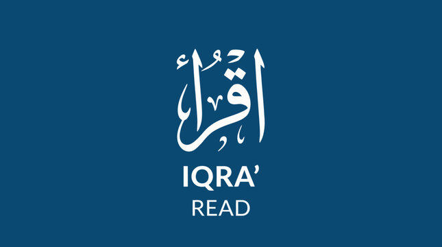Iqra&rsquo; read vector illustration featuring Arabic calligraphy and English text on a blue background symbolizing Islamic education, knowledge, literacy, and spiritual enlightenment through learning and r