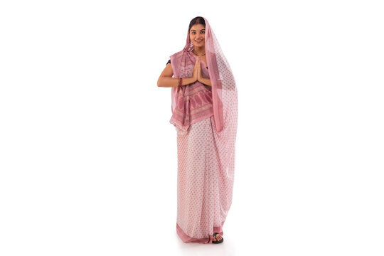 Portrait of Bihar woman greeting against white background