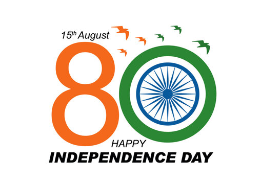 Independence Day of India Creative Logo Design. 80th India Independence Day Typography Logo with Circular Tricolor Frame, Ashoka Chakra, Flying Birds, and Fighter Jets for 15 August Celebration Vector