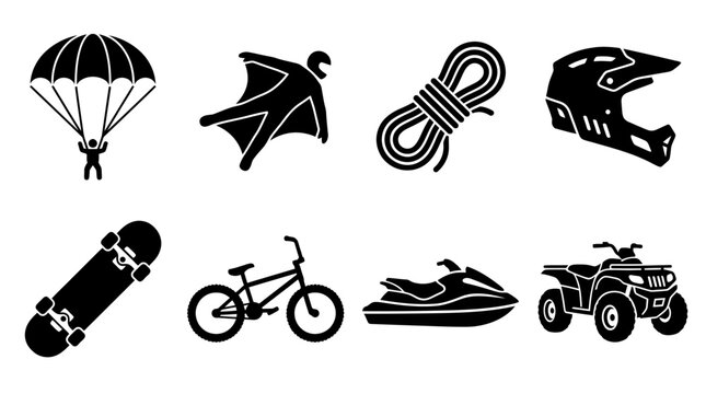 Extreme sports vector illustration featuring parachute, wingsuit, climbing rope, helmet, skateboard, bicycle, jet ski, and ATV icons representing adventure, adrenaline, and outdoor recreation design 